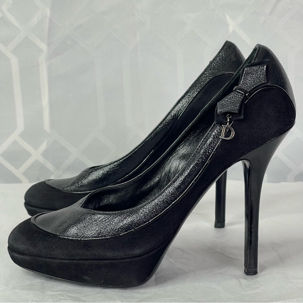 Christian Dior Black Suede Platform Pumps Bow Detail Women’s Size 37